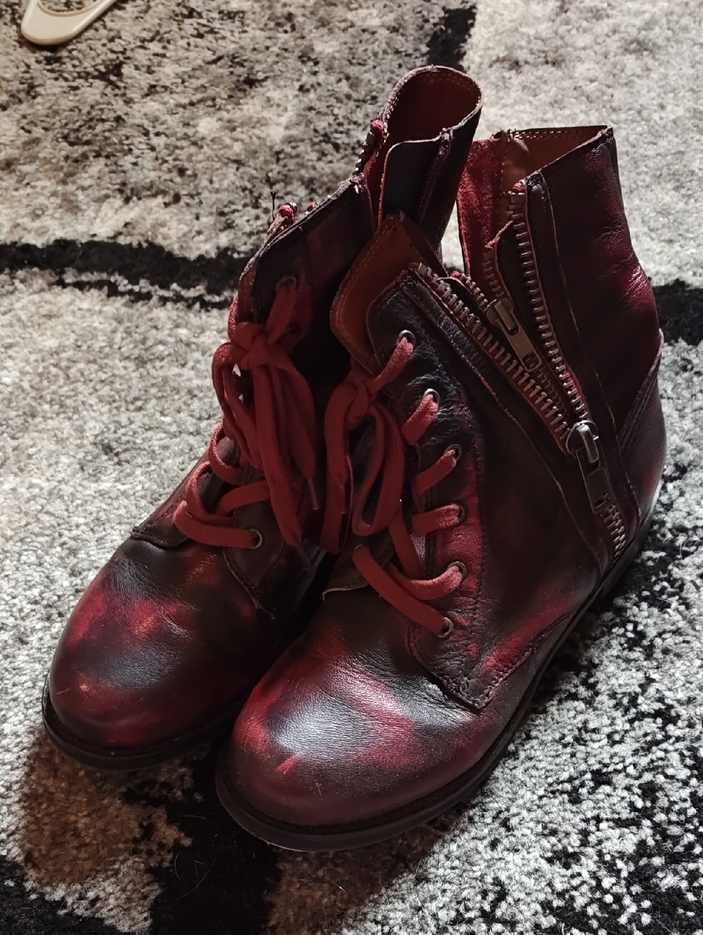 Distressed Burgundy Lace-Up Ankle Boots with Side Zipper